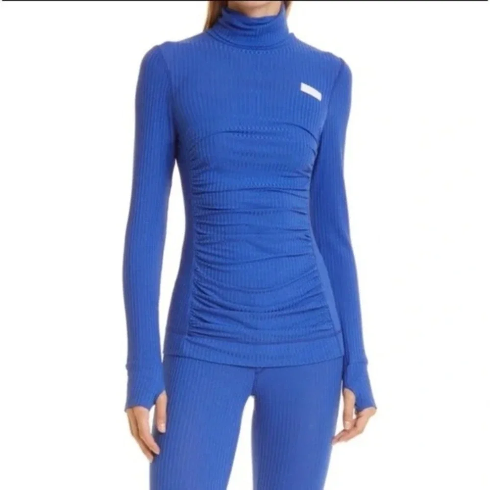 GANNI Ribbed Knit Two Piece Set Size Small Blue Turtleneck Top Stirrup Leggings